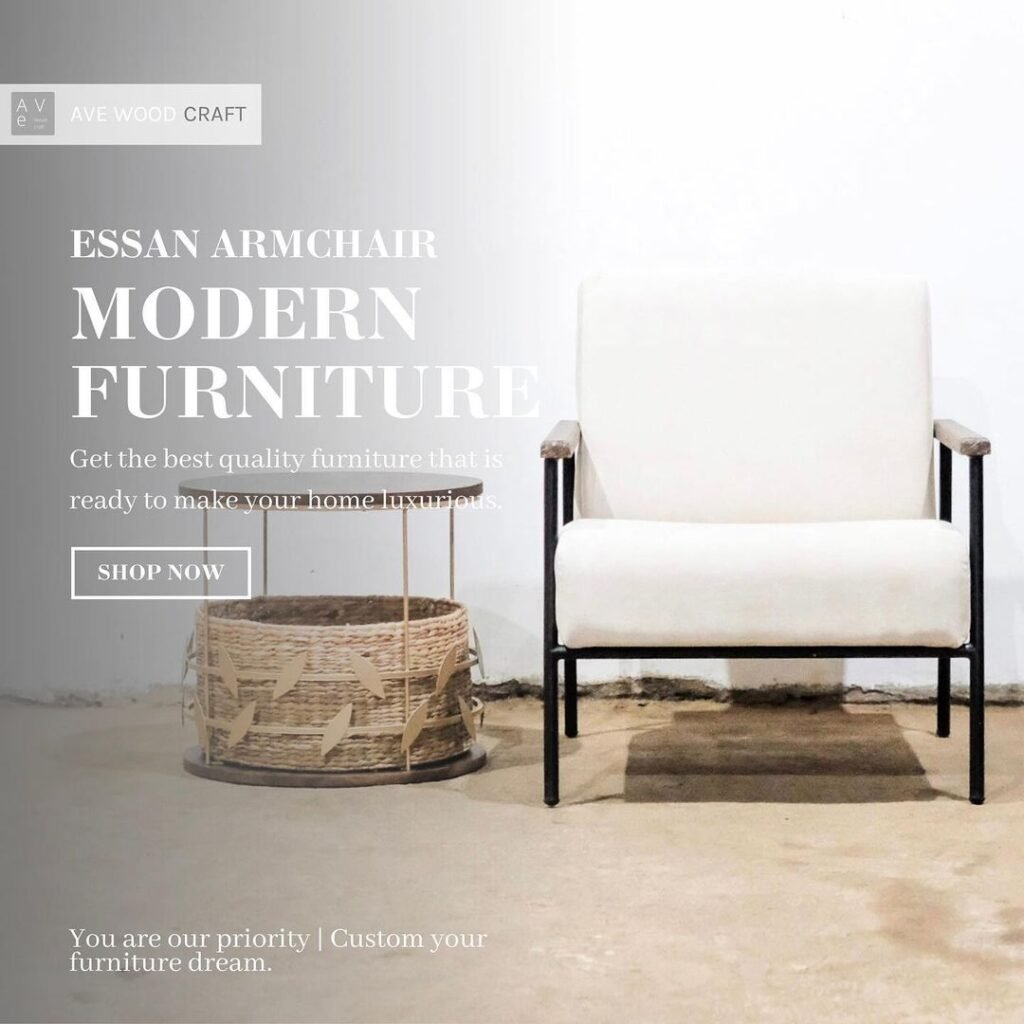 Prodduct : Essan ArmChair Dimension : P 72 x L 80 x T 83 cm Material : Soulid Teak, Fabric, & Steel Fabric : Rivoli ( Linen 301 / Custom ) Finishing : Natural Wash, powder coat